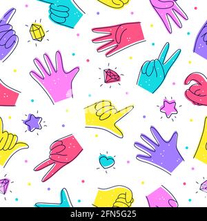 Seamless pattern with Diverse Hands. Illustration in doodle style. Designation of hands, gestures isolated on white. Flat design. Hand drawn trendy Vector illustration. Stock Vector