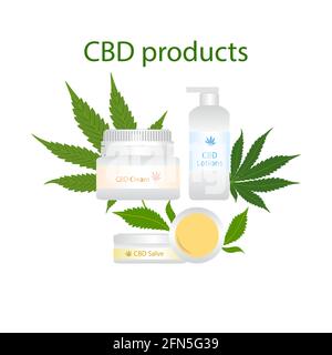 CBD products cream, salve, lotion with green medical marijuana leaves isolated on white background. Healthy Hemp, cannabis, vector illustration. Stock Vector