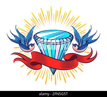 Colorful Tattoo of Shining Diamond with ribbon and two Swallows. Vector illustration. Stock Vector