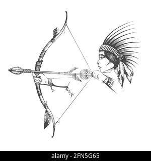 Tattoo of Woman in Natine Indian War Hair Dress stands with Bow and Arrow isolated on white. Vector illustration. Stock Vector