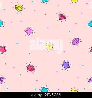 Seamless background with stars, hearts, crystals and gems. Illustration in doodle style. Flat design. Hand drawn trendy vector illustration. For printing on fabrics, wallpapers, covers, backgrounds. Stock Vector