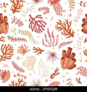 Seamless pattern with marine fauna - corals, jellyfish, sea anemones, seaweed, sea urchin, bubbles, seabed. Vector illustration hand drawn style for fabrics, wallpaper, packaging, print, wrapping paper. Stock Vector