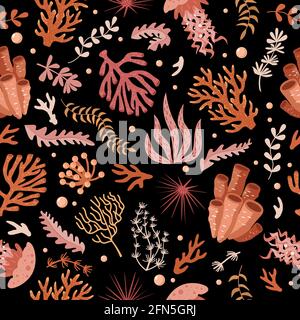 Seamless pattern with marine fauna - corals, jellyfish, sea anemones, seaweed, sea urchin, bubbles, seabed. Vector illustration hand drawn style for fabrics, wallpaper, packaging, print, wrapping paper. Stock Vector