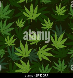 Medical marijuana leaves seamless pattern on dark vector background. Stock Vector