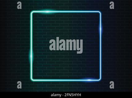 Neon blue light on dark brick wall vector illustration. Neon border or frame. Lights sign. Vector abstract neon background for signboard or billboard. Stock Vector