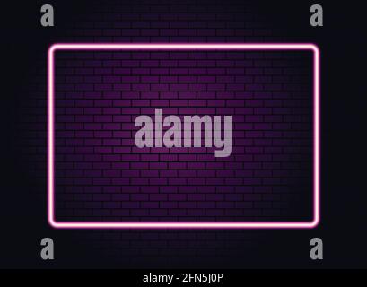 Neon pink light on dark brick wall vector illustration. Neon border or frame. Lights sign. Vector abstract neon background for signboard or billboard. Stock Vector