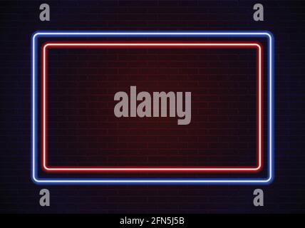 Neon blue light and neon red light on dark brick wall vector illustration. Neon border or frame. Lights sign. Vector abstract neon background Stock Vector