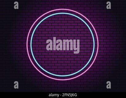 Neon pink and blue light on dark brick wall vector illustration. Neon circle or frame. Lights sign. Vector abstract neon background for signboard Stock Vector