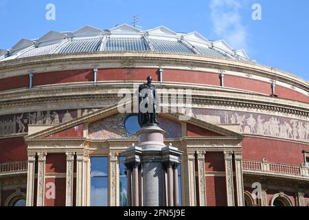 London, England - July 12, 2009:  The Royal Albert Hall concert hall, with close up view of statue of Prince Albert Stock Photo