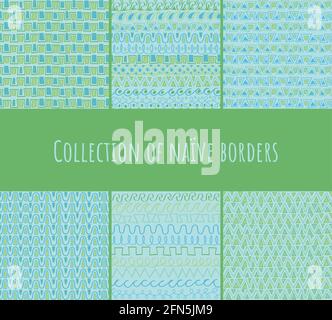 Seamless repeating pattern. Set of 6 different repeating patterns of naive, handdrawn borders in light blue and green. Stock Vector