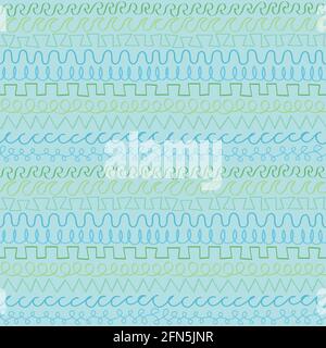 Seamless repeating pattern. Naive, handdrawn borders in light blue and green. Simple shapes/borders of waves, squares and triangles. Stock Vector
