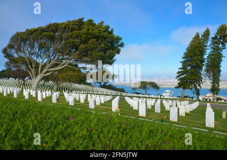 Landscape with scenic view of Fort Rosecrans National Cemetery  overlooking the Bay area and the North island in Point Loma, San Diego California USA. Stock Photo