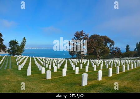 Landscape with scenic view of Fort Rosecrans National Cemetery  overlooking the Bay area and the North island in Point Loma, San Diego California USA. Stock Photo