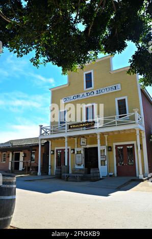 Scenic view of the Colorado House a former 1851 hotel and now operating as a Wells Fargo History Museum in Old Town San Diego State Historic Park USA. Stock Photo