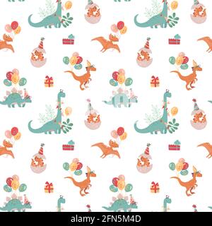 Festive seamless pattern with dinosaurs. Velocepator, brontosaurus, stegosaurus, Pteranodon, and baby who just hatched from an egg. Balloons, presents. Cheerful vector background for child Stock Vector
