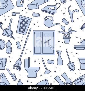 Vector Seamless pattern Illustration Cleaning Maid service Housekeeping Ironing Washing window Laundry Watering plant Mop Clean lavatory Professional Stock Vector