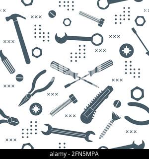 Vector seamless pattern Illustration Construction tools. Repair background. Pliers for gripping, manipulating, wrench, screwdriver, bolt, washer, nut, Stock Vector