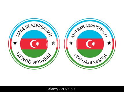 Made in Azerbaijan round label in English and in Azerbaijani languages. Quality mark vector icon. Perfect for logo design, tags, badges, stickers, emb Stock Vector