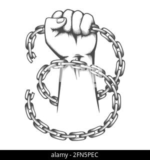 Tattoo of Clenched Fist and Broken Chains drawn in engraving style. Fighting against slavery concept. Vector illustration. Stock Vector