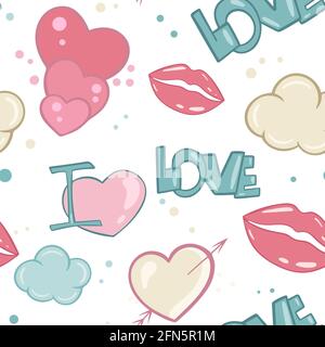 Pattern with hearts, lips and clouds. Vector seamless pattern on the theme of love. Cute repeating background for packaging and congratulations. Stock Vector