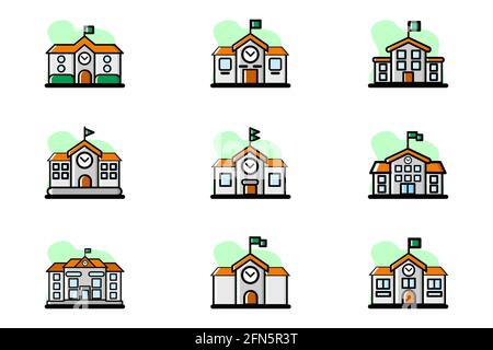 School Building Vector Illustration Design Icon Set great for website, presentation, social media, application and many more. Icon set design outline Stock Vector