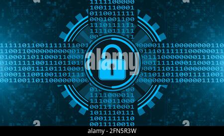 Secure technology concept - padlock in movement of hud and varying binary code - graphic elements in blue on blurred background as circuit board Stock Photo