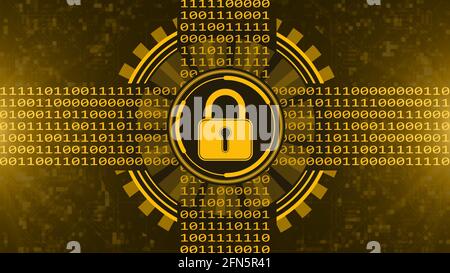 Secure technology concept - padlock in movement of hud and varying binary code - graphic elements in orange on blurred background as circuit board Stock Photo