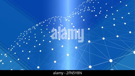 Network of connections against abstract geometrical shapes on blue background Stock Photo