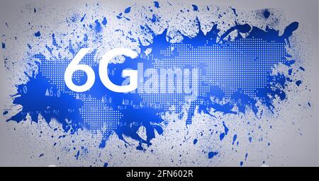 Composition of 6g text and email splodges over world map on blue background Stock Photo