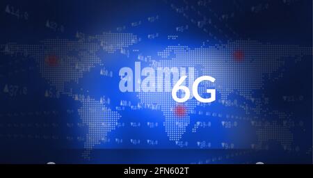 Composition of 6g text and data processing over world map on blue background Stock Photo