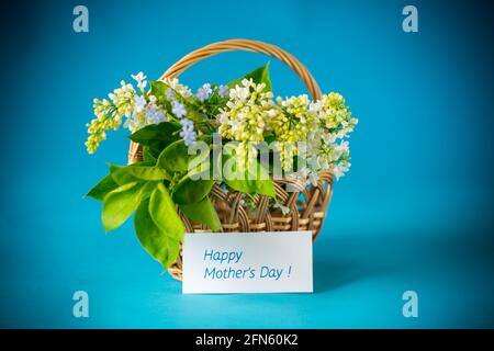 bouquet of white lilacs with greeting card on blue background Stock Photo