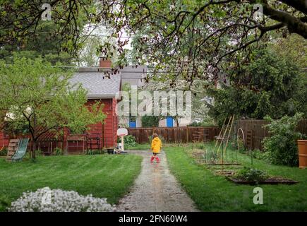 Rear-view of child standing in rain on path through backyard garden Stock Photo
