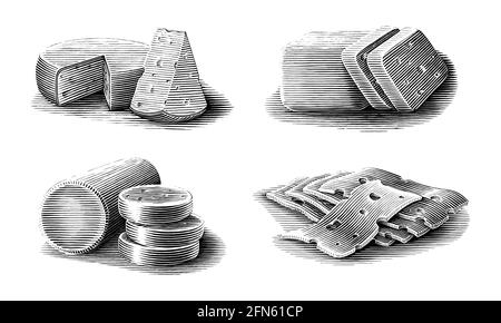 Cheese collection hand drawn vintage engraving style black and white clip art isolated on white background Stock Vector