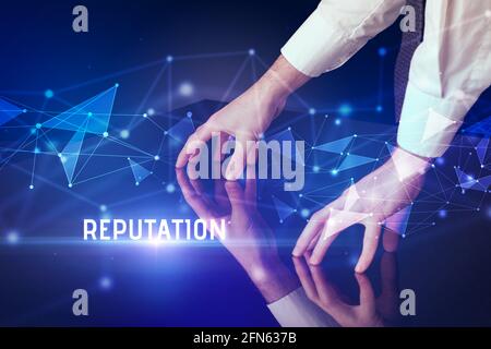Businessman touching huge screen concept Stock Photo