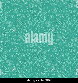Healthy eating seamless pattern. Food doodles on green background. Vector illustration. Stock Vector
