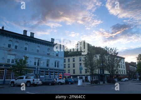 Kingston, NY - USA- May 12, 2021: a landscape view of the shops and restaurants on Broadway in The Rondout, Kingston’s historic waterfront Stock Photo