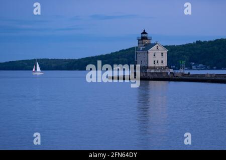 Kingston, NY - USA- May 12, 2021: a landscape view of the Rondout Lighthouse, a lighthouse on the west side of the Hudson River at Kingston, New York. Stock Photo