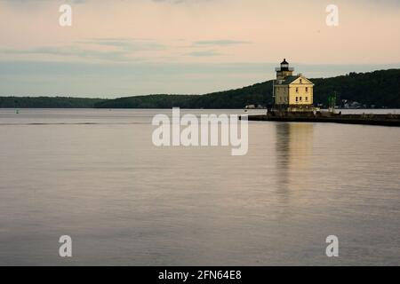 Kingston, NY - USA- May 12, 2021: a landscape view of the Rondout Lighthouse, a lighthouse on the west side of the Hudson River at Kingston, New York. Stock Photo