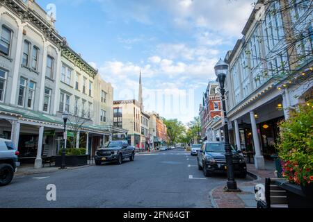 Kingston, NY - USA- May 12, 2021: a landscape view of the historic Kingston Stockade District. Commonly referred to as Uptown Kingston. Stock Photo