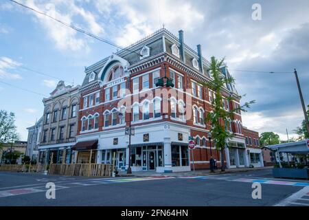 Kingston, NY - USA- May 12, 2021: a landscape view of the Clermont Building in the historic Kingston Stockade District. Stock Photo