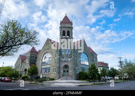 Kingston, NY - USA- May 12, 2021: VIew of the St James United Methodist Church in the Kingston Stockade District. Stock Photo