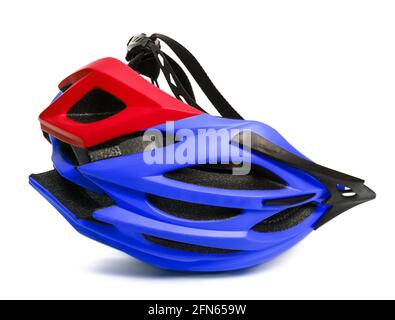 Blue and red helmet upside down isolated on white background Stock Photo