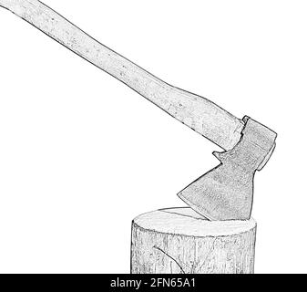 Axe and log isolated on white background. Black and white imitation of pencil drawing. Stock Photo