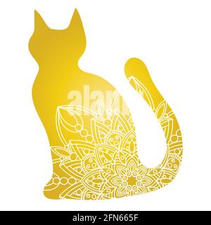Doodle cat mandala in gold and white for page adult coloring books, animal vector pattern. Antistress design. Stock Vector