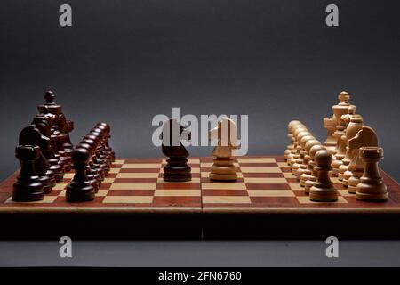 Classic Wooden Tournament chess set on black background. Two knights centre of board other pieces lined up Stock Photo
