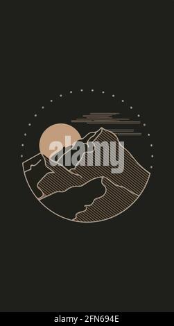 Sunset  mountains vector yellow line on black background icon. Simple element illustration. Stock Vector
