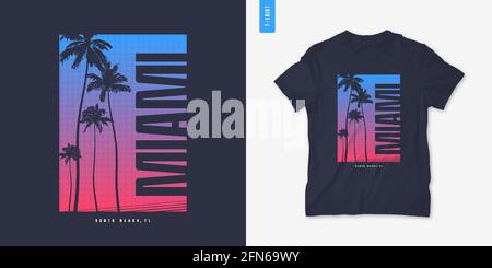 Miami Florida graphic t-shirt design with palm tress, summer retro print, vector illustration Stock Vector