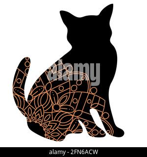 Doodle cat mandala in black and gold for page adult coloring books, animal vector pattern. Antistress design. Stock Vector