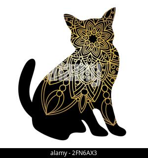 Doodle cat mandala in black and gold for page adult coloring books, animal vector concept. Antistress design. Stock Vector