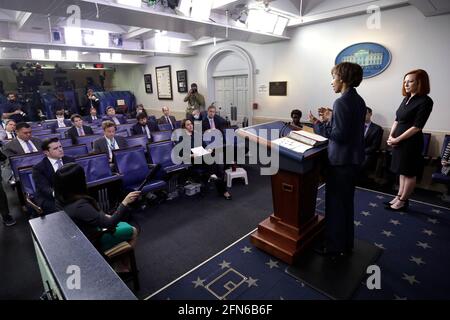 Members of the media without protective face masks attend a press briefing by White House Council of Economic Advisers Chair Cecilia Rouse and Press Secretary Jen Psaki at the White House in Washington on May 14, 2021.Credit: Yuri Gripas/Pool via CNP /MediaPunch Stock Photo